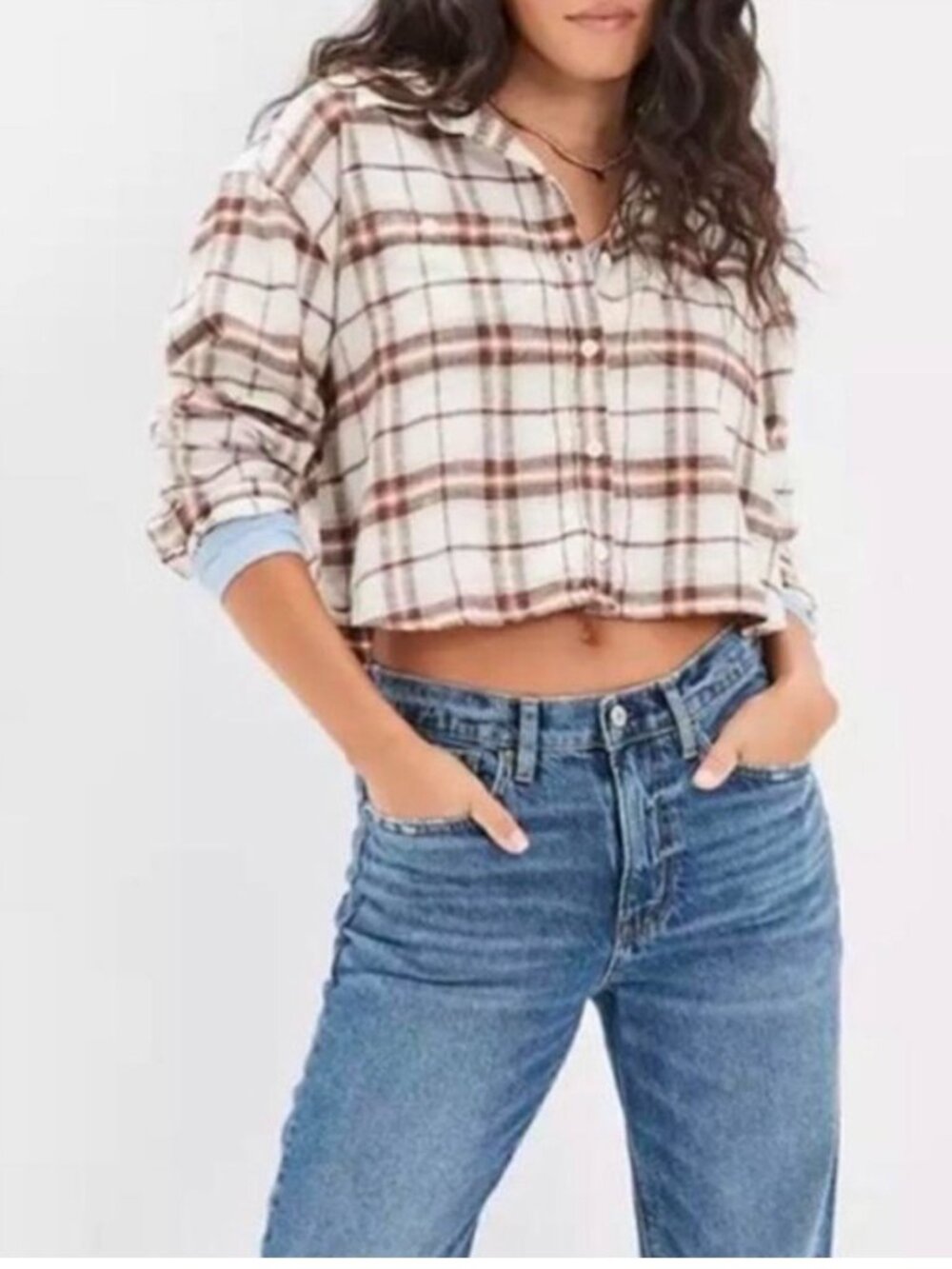 American Eagle Plaid Crop Flannel Top Medium NWT